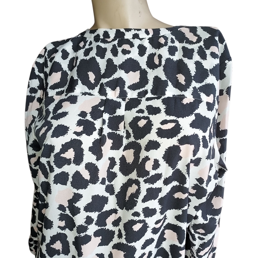 Talbots Women Ivory Long Sleeve Blouse Size L PINK AND black Animal Print Button - Picture 10 of 15